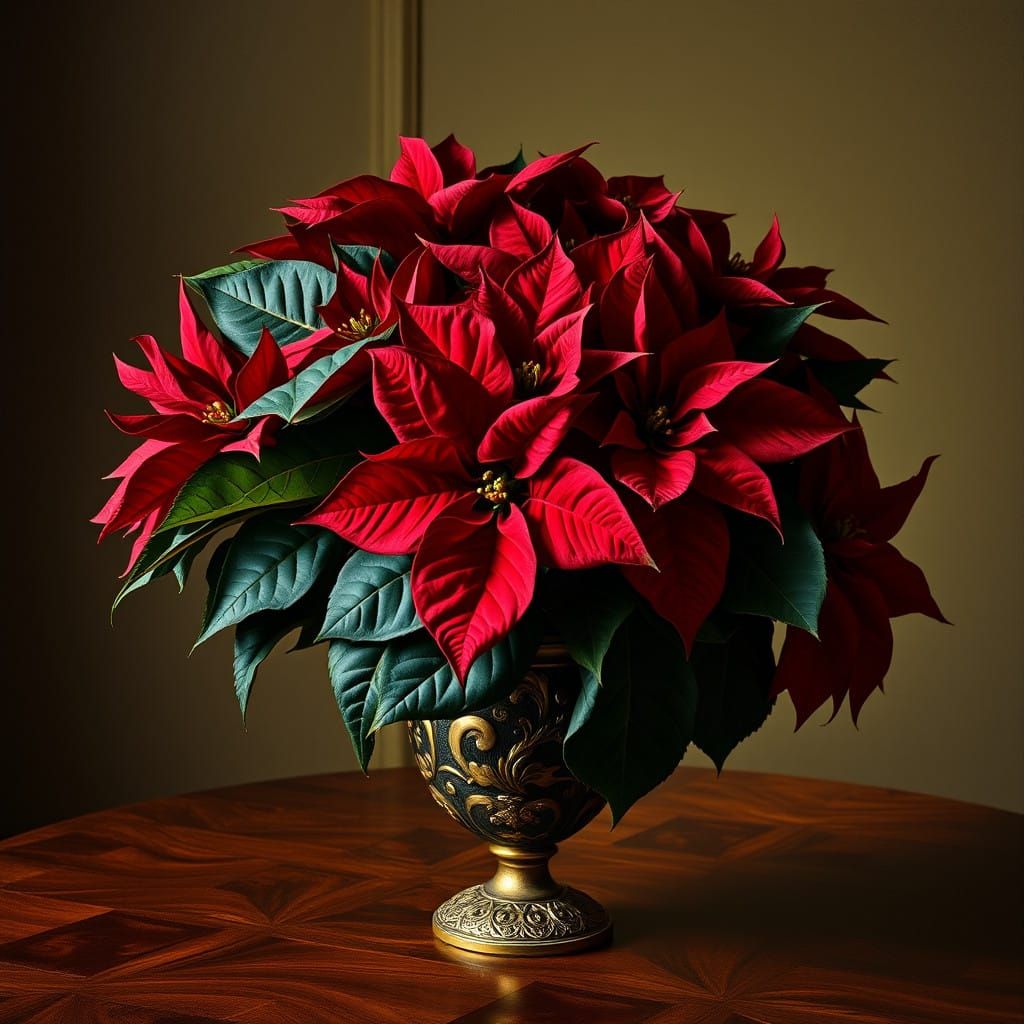 Crimson Poinsettia in Ornate Vase, Renaissance-Inspired Stil...