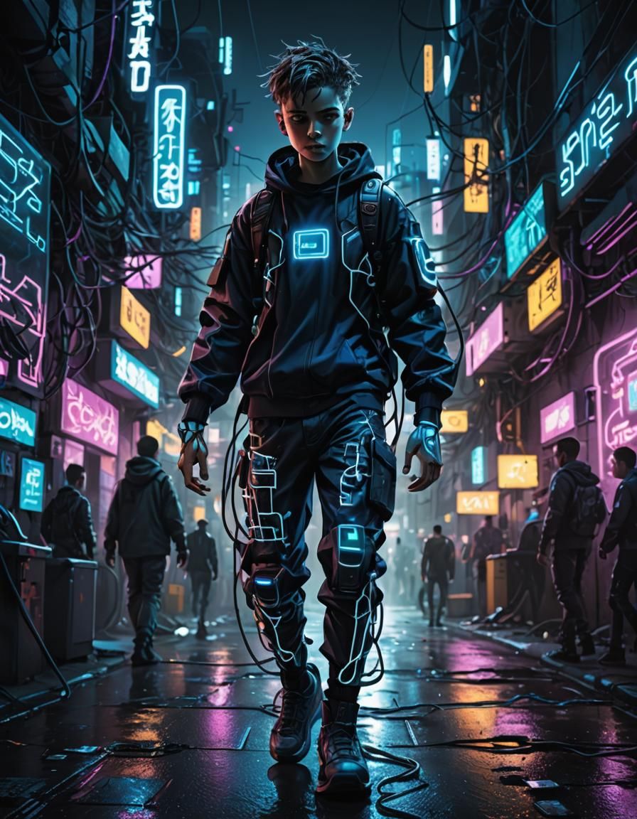 Cyberpunk Tech Kid in Neon Cityscape