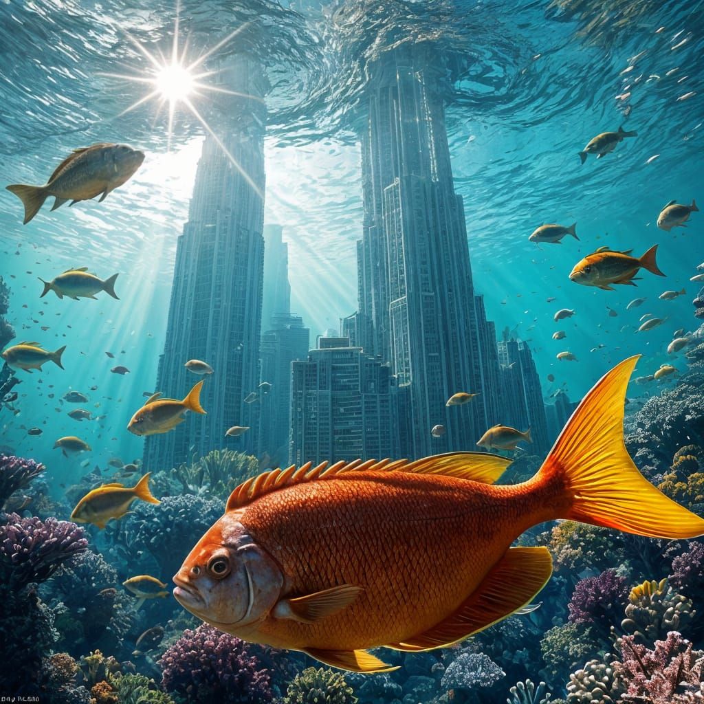 Futuristic Underwater City with Giant Fish in Deep Blue Wate...