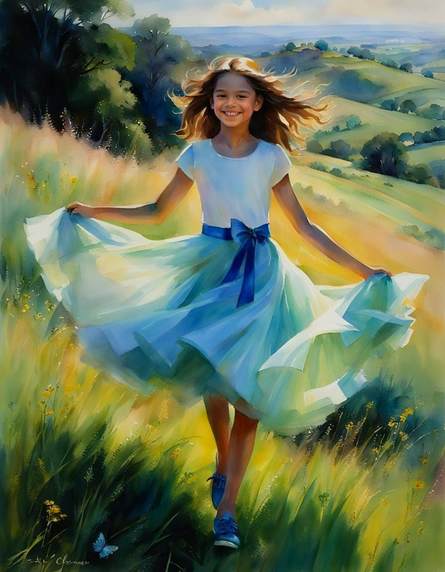 Watercolor Painting of a Joyful Girl Dancing in a Grass Fiel...