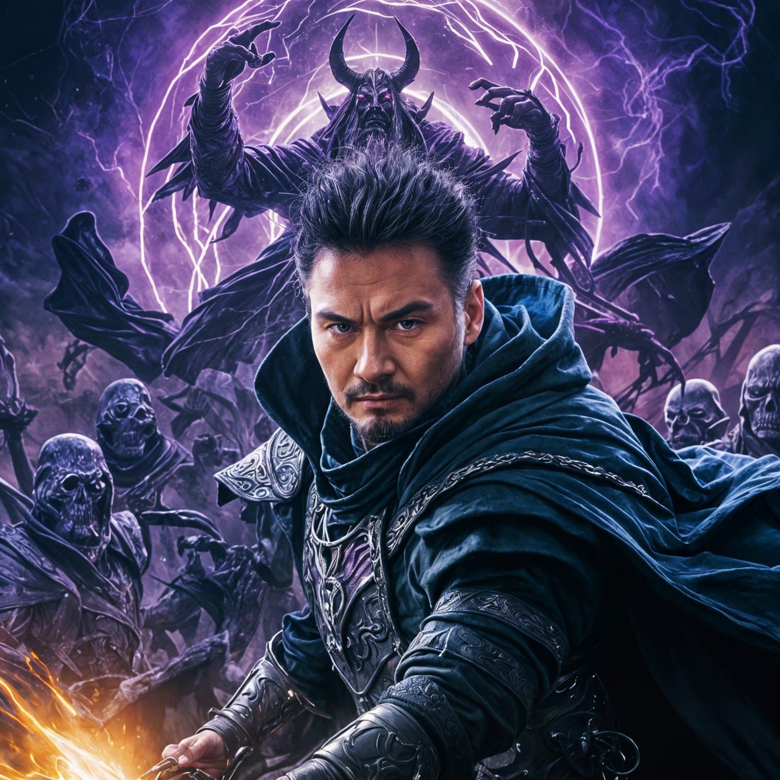 Warlock Amidst Fantasy Battlefield of Dark Power