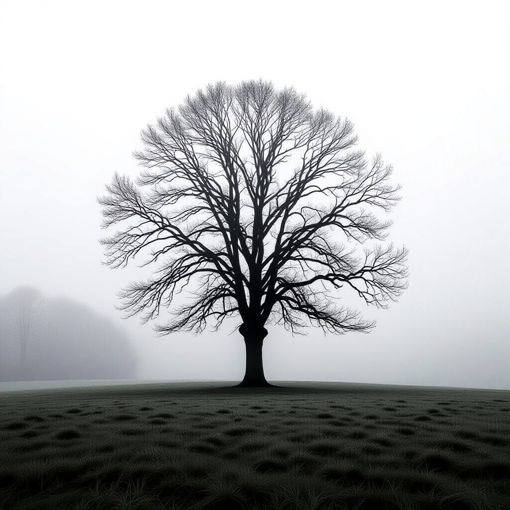 Solitary Tree in Fog, Black and White Portrait
