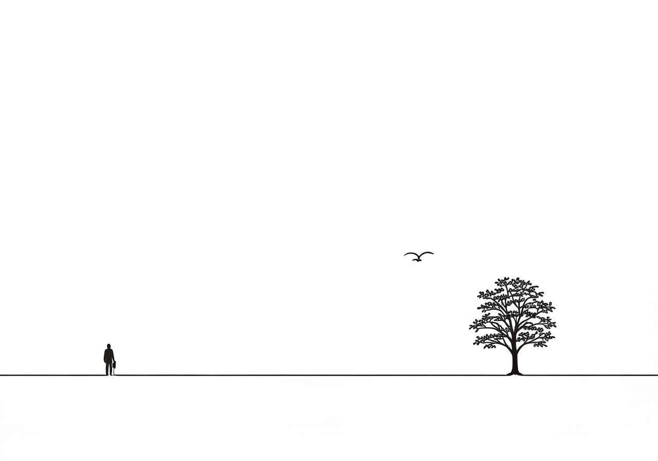 A single thin black line forming the outline of the horizon with a single tree and a single human figure
