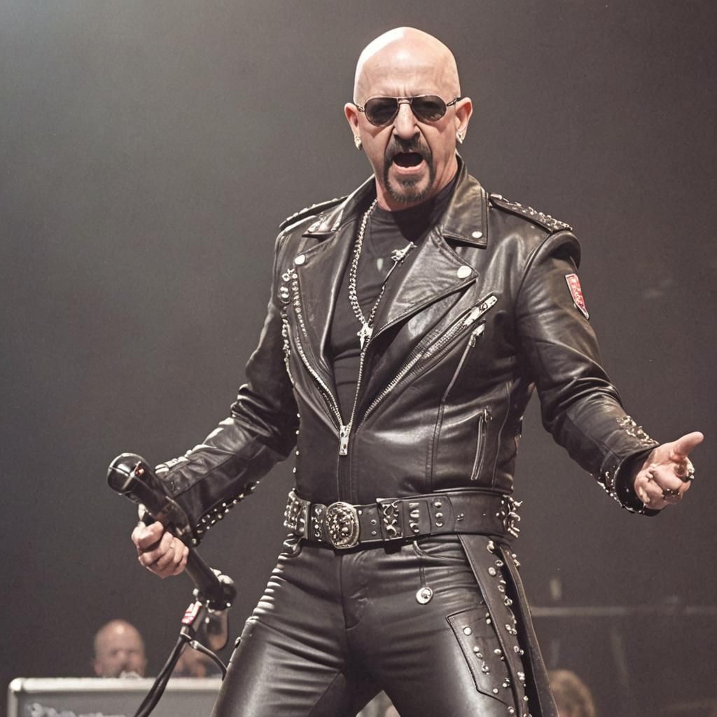 Rob Halford on stage in a Judas Priest concert