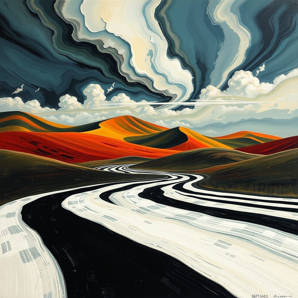 Surreal Landscape with Hypnotic Black and White Patterns