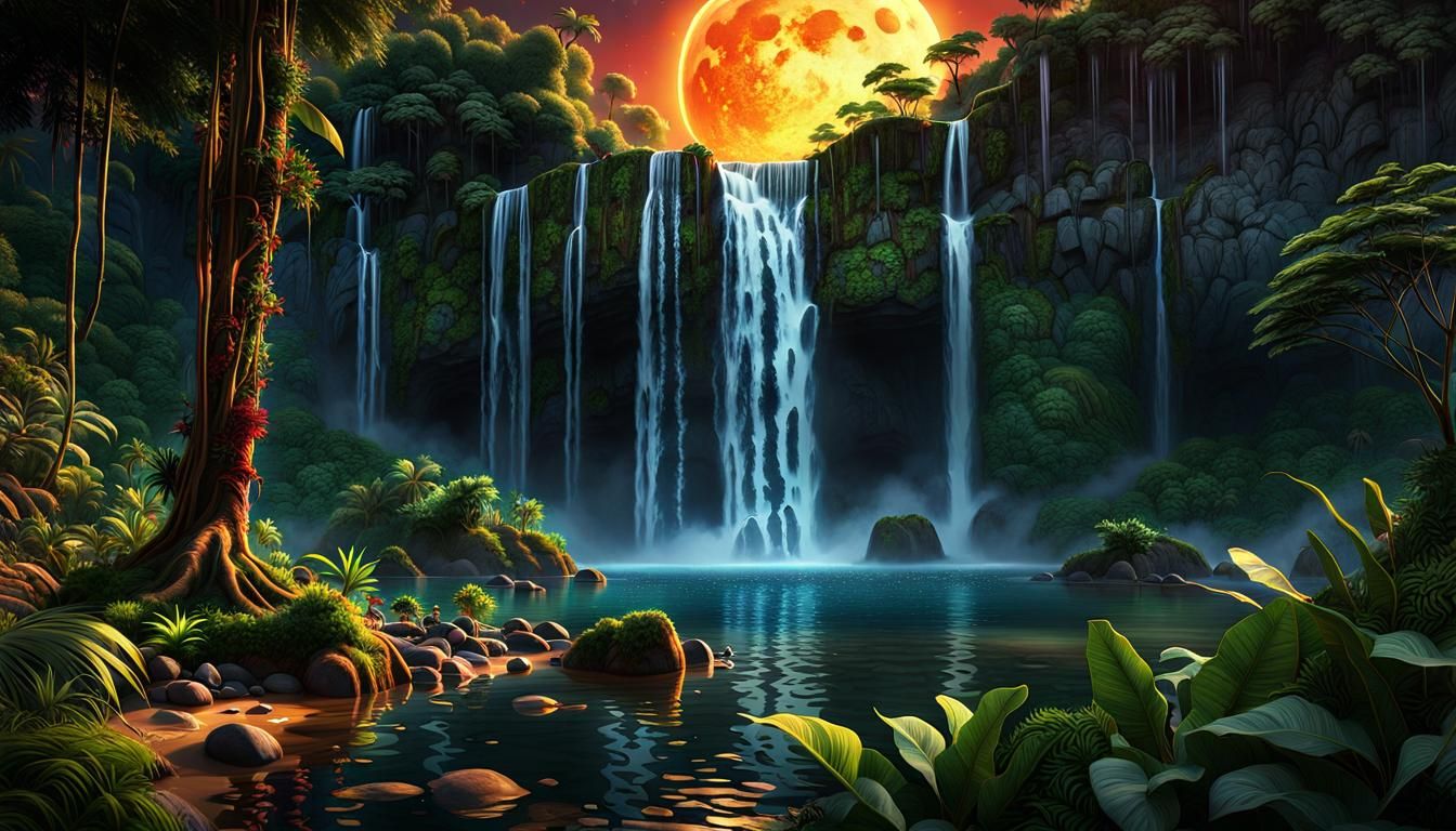 Jungle Waterfalls at Sunrise with Multiple Moons