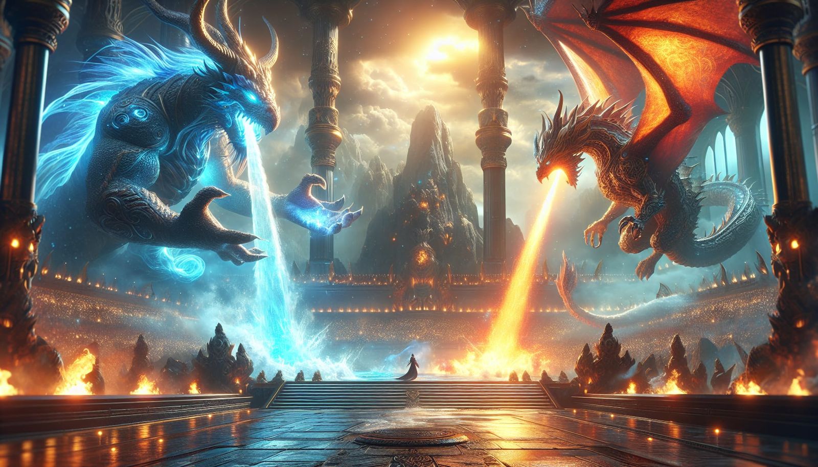 Mythical Creatures Clash in Detailed Arena