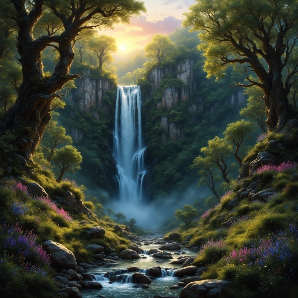 Majestic Fantasy Waterfall in Matte Painting Style