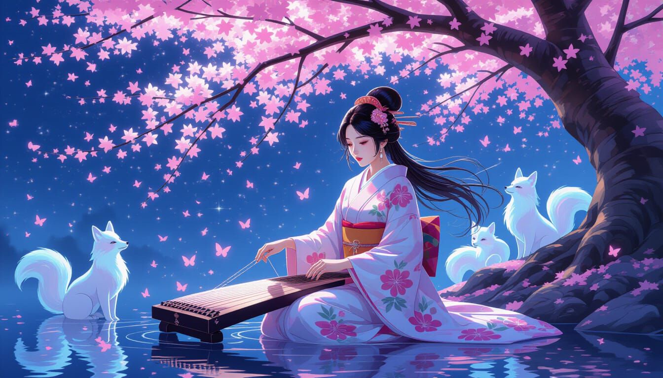 Japanese Woman Plays Koto Under Starlit Cherry Blossoms