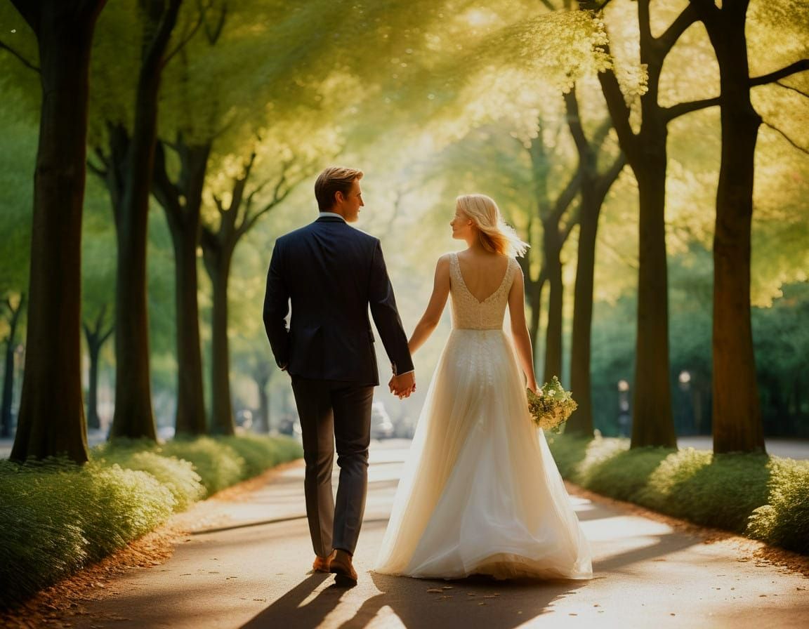 Romantic Golden Hour Couple Walking in Sunlit Trees