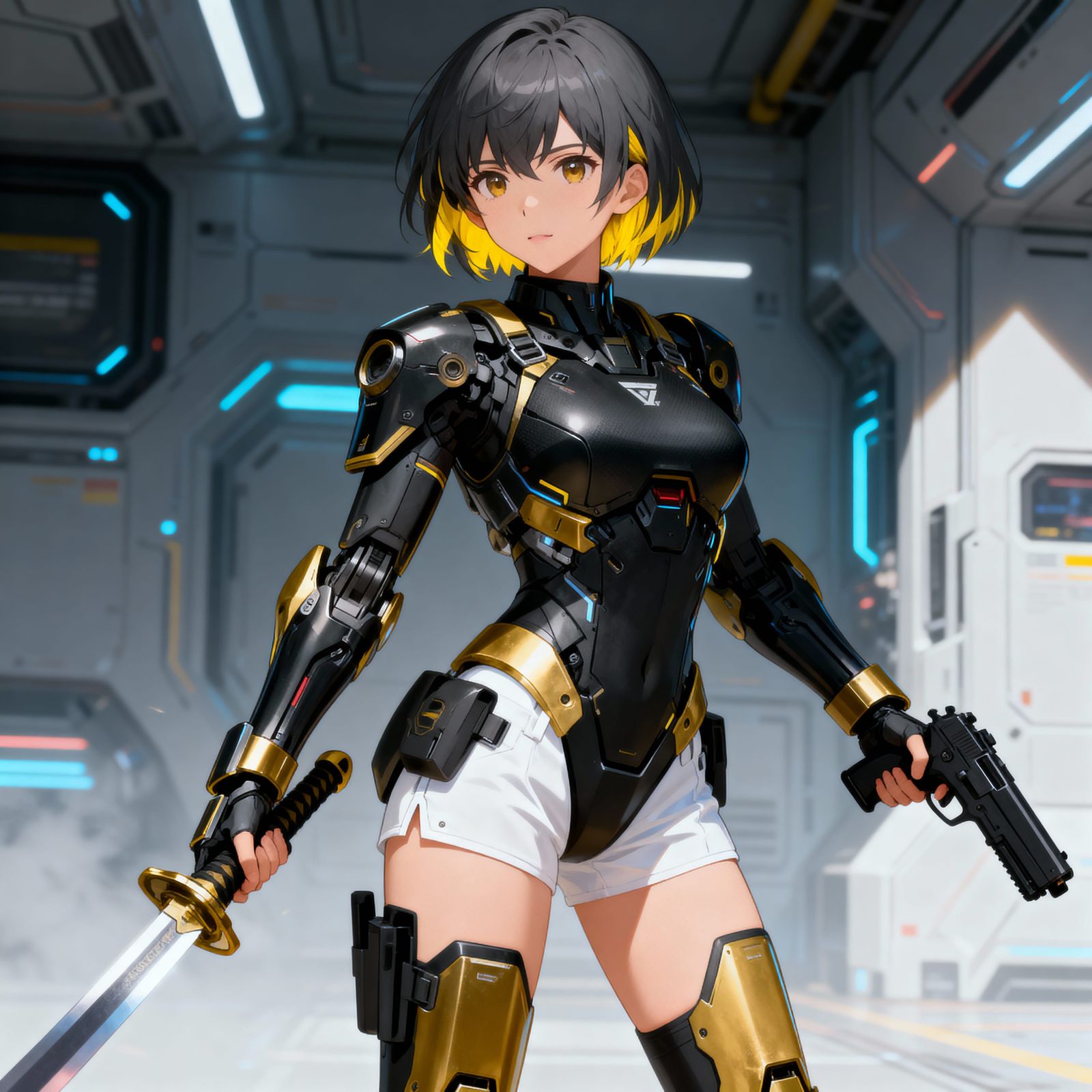 Anime Mecha Girl with Sword and Pistol in Sci-Fi Art