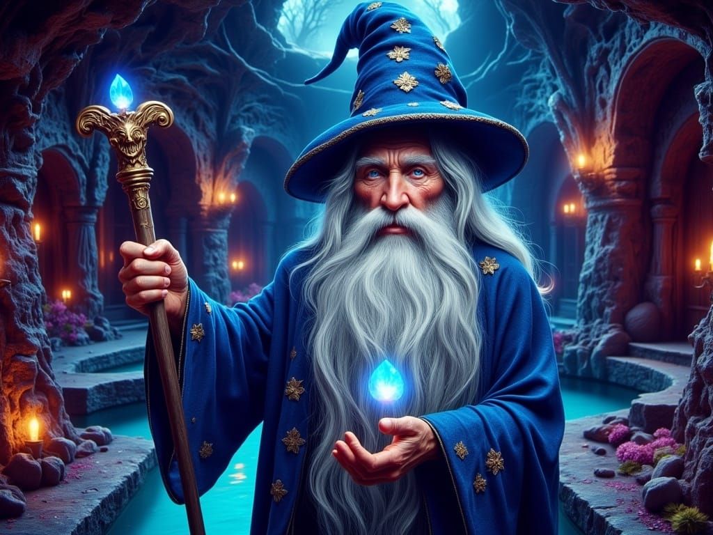 Royal Blue Wizard Illuminates Crystal Cavern