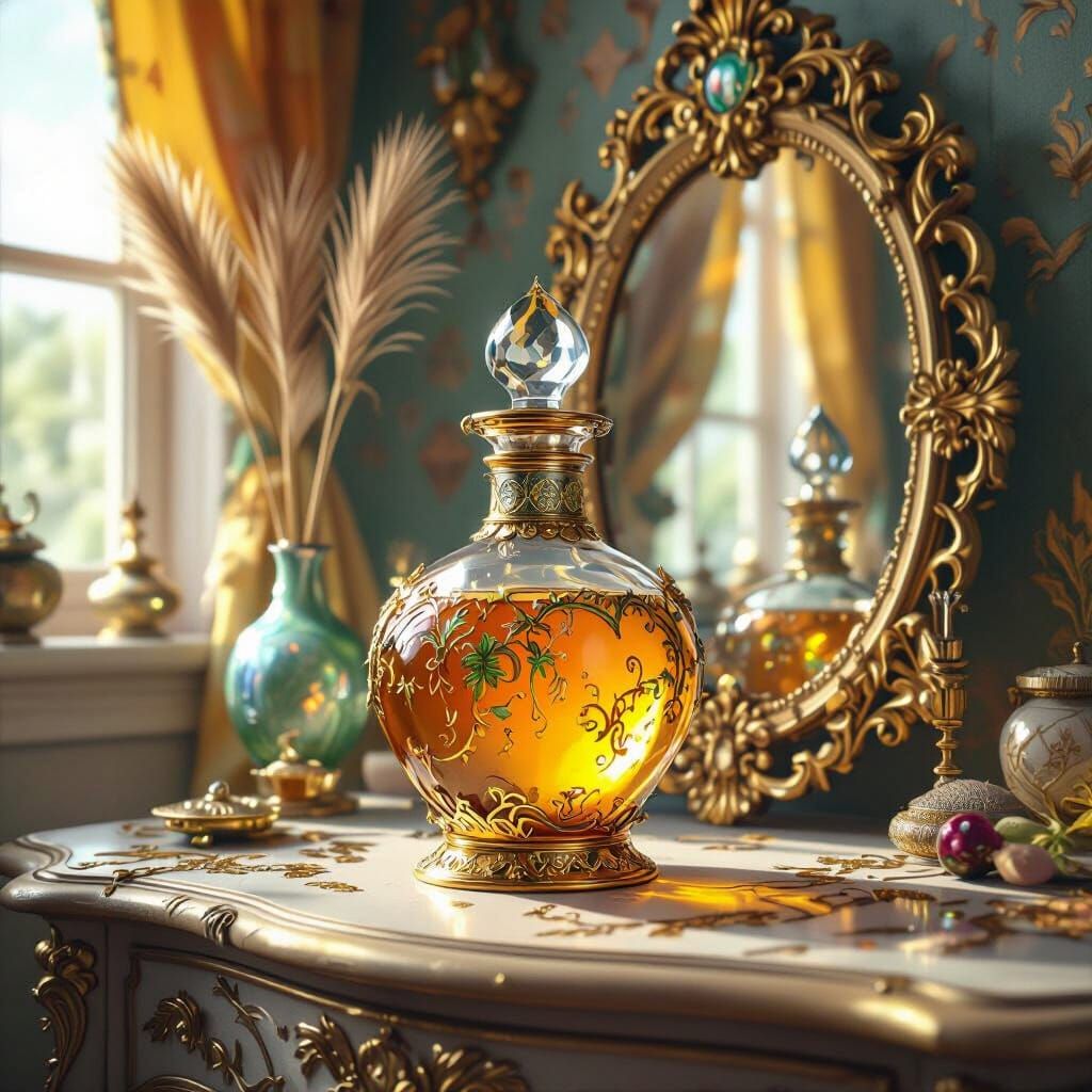 Ornate Magic Potion Bottle on Fantasy Dresser