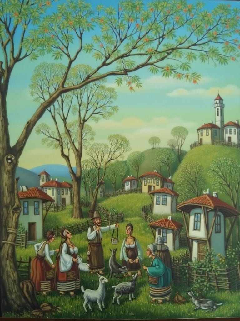 Rural Landscape with Goats in Naive Art Style