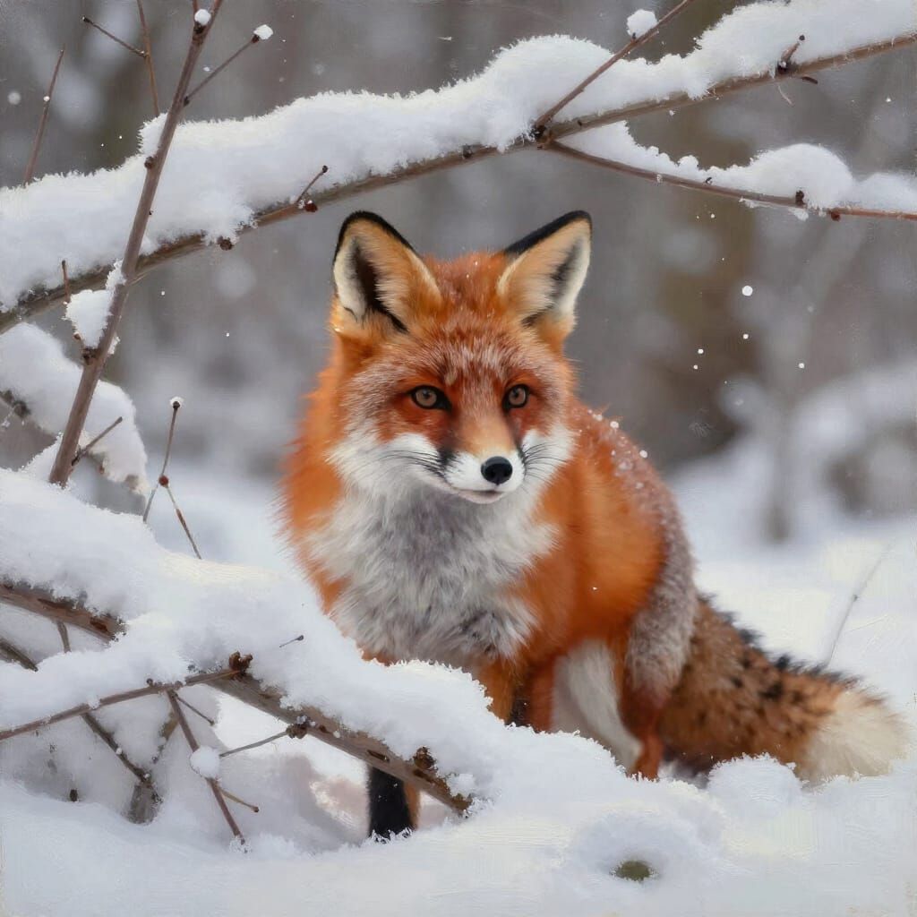 Red Fox Peeking in Snowy Forest, Oil Texture Wildlife Art