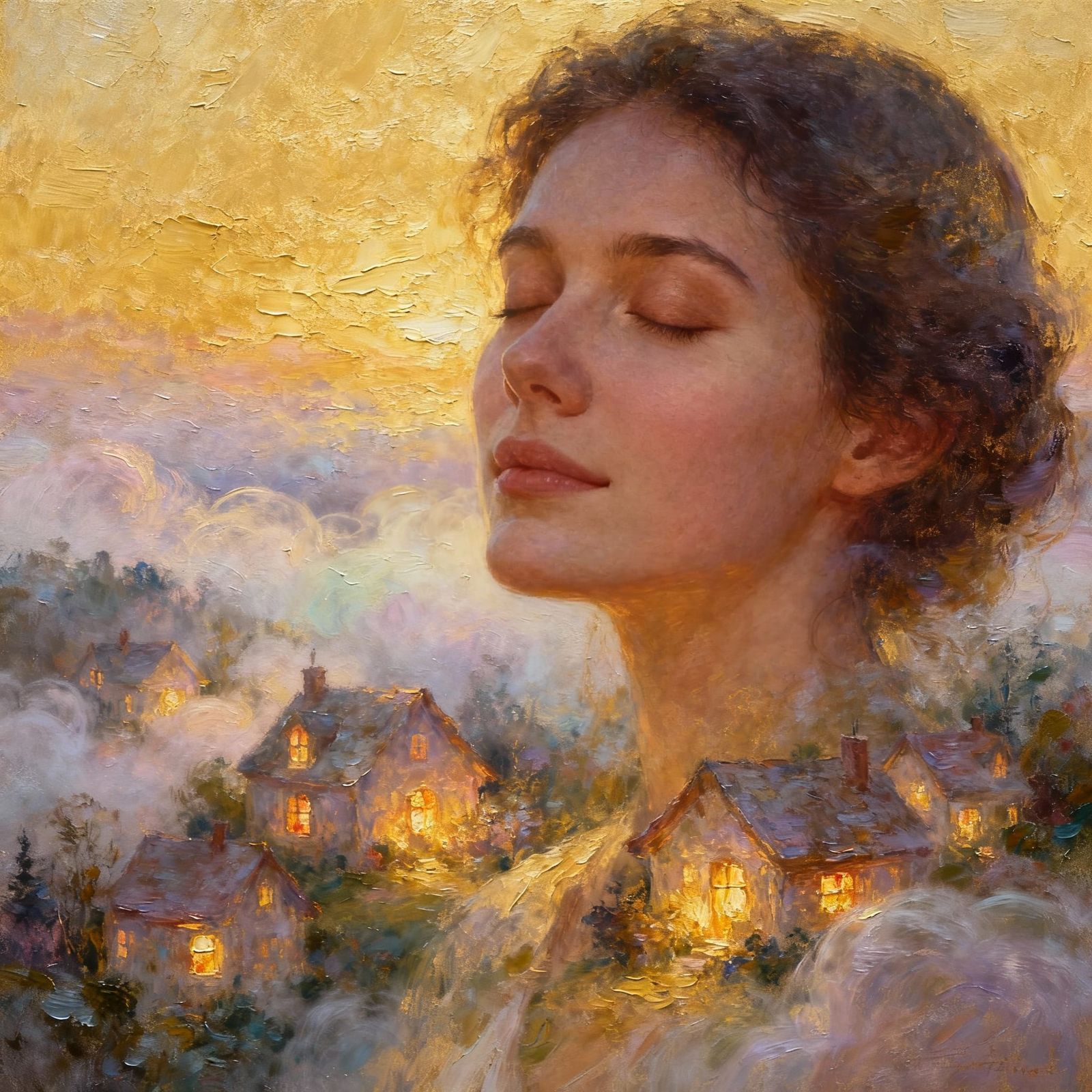 Surrealist Oil Painting of Hopeful Dreamscape with Serene Wo...