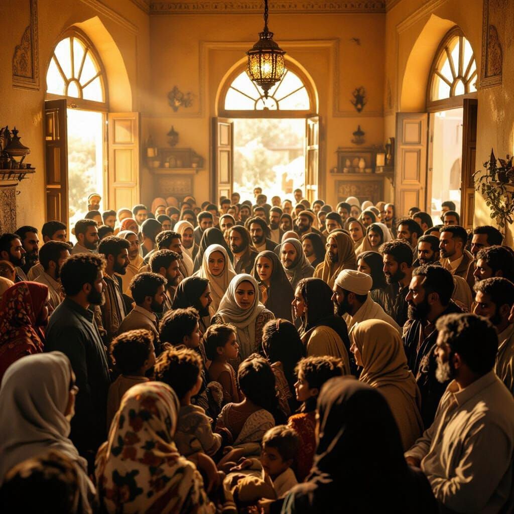 Mourning Crowd in Middle Eastern Home, Cinematic Lighting
