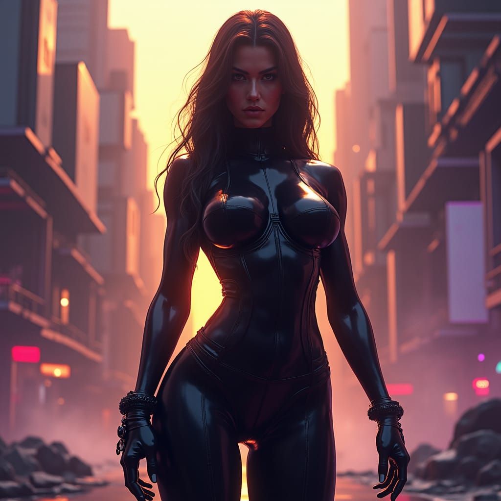 Cyberpunk Woman in Latex Bodysuit, Dystopian Art