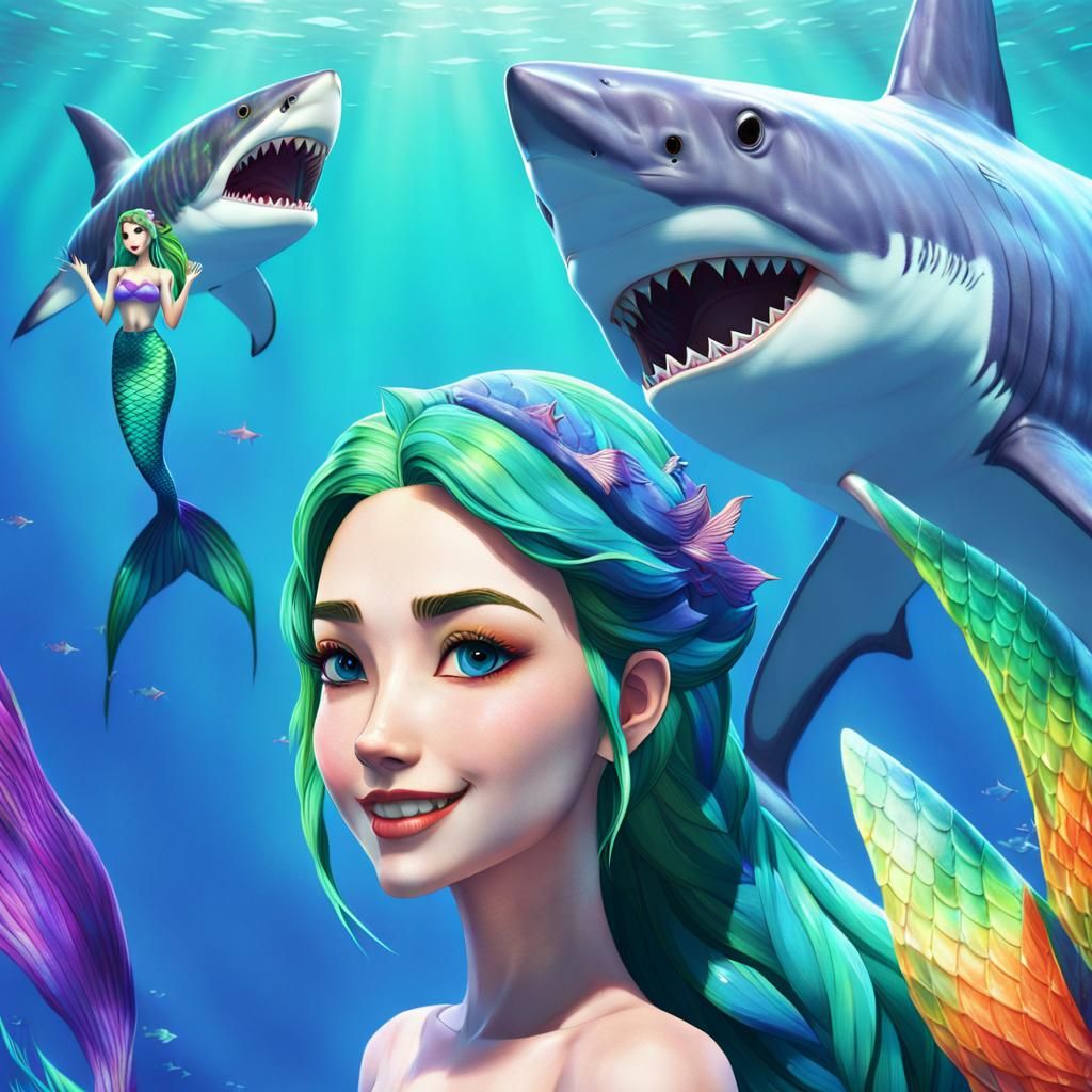 Anime Mermaid Posing with Shark in 3D Render