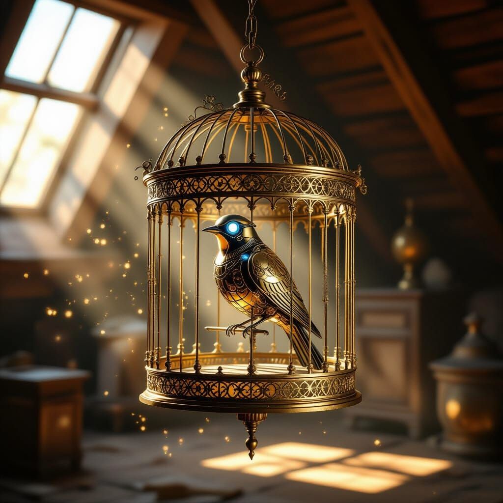 Steampunk Birdcage with Mechanical Bird in Dusty Attic