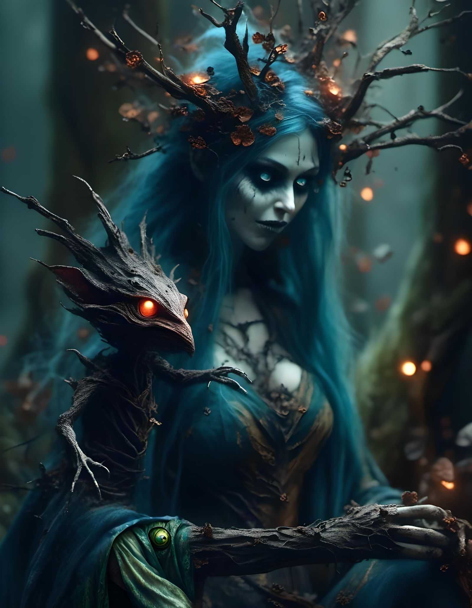Goblin Sorceress with Ghoul in Forest, Hyperrealistic Art
