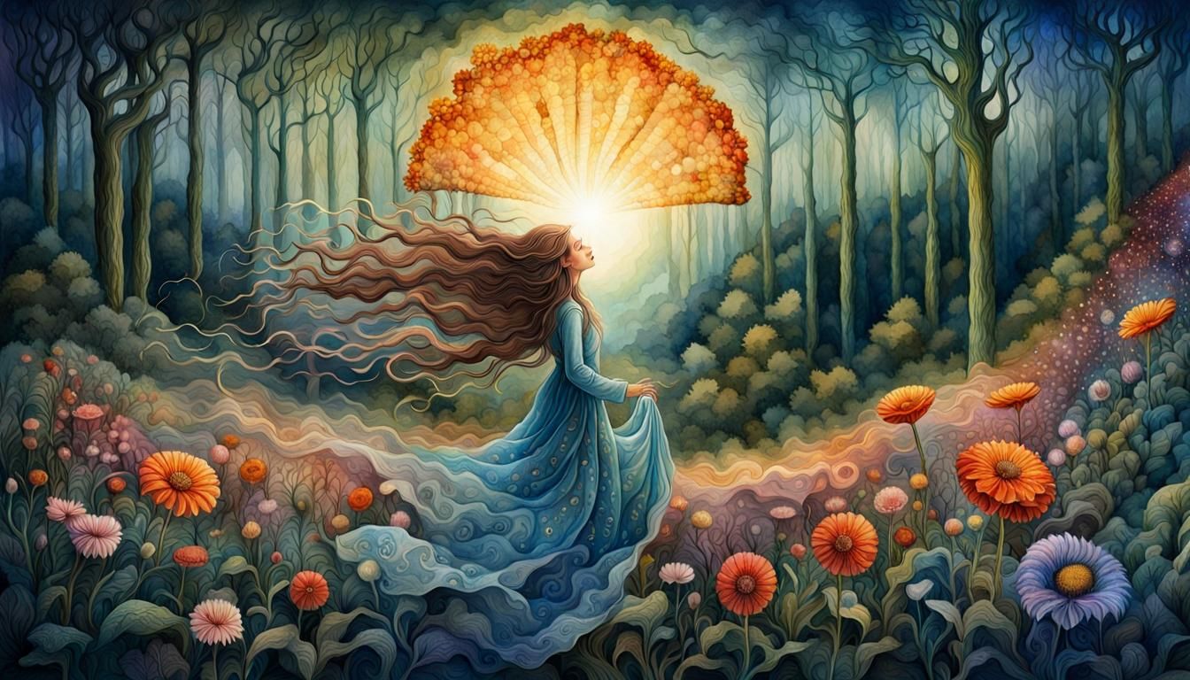 Woman with Flower in Surreal Forest, Watercolor Style