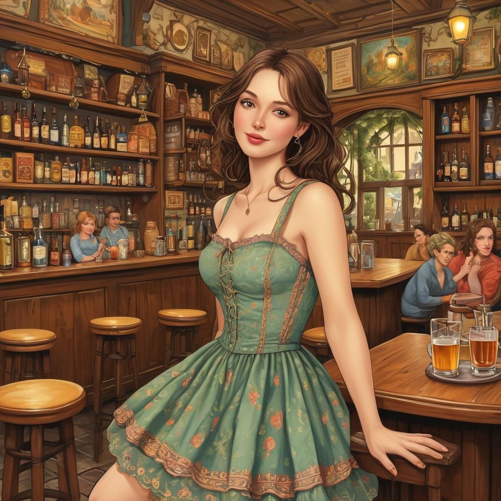 Woman in Pub: Colorful Storybook Illustration