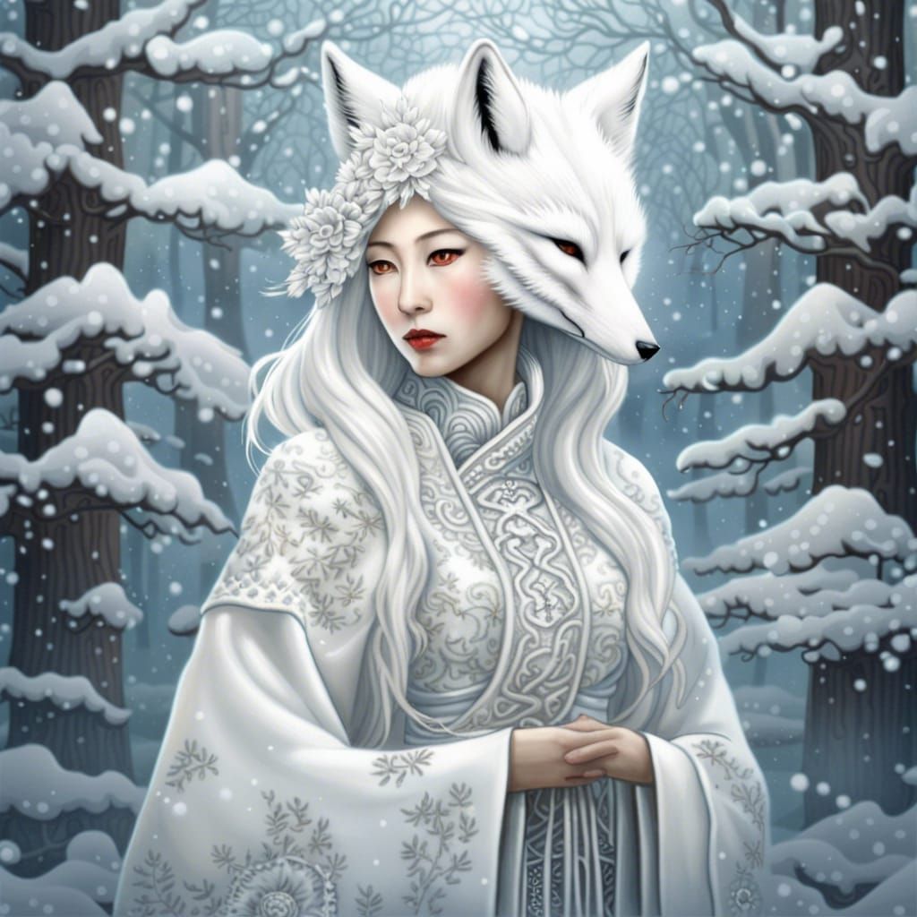 White Fox Spirit Haunting Snowy Winter Forest