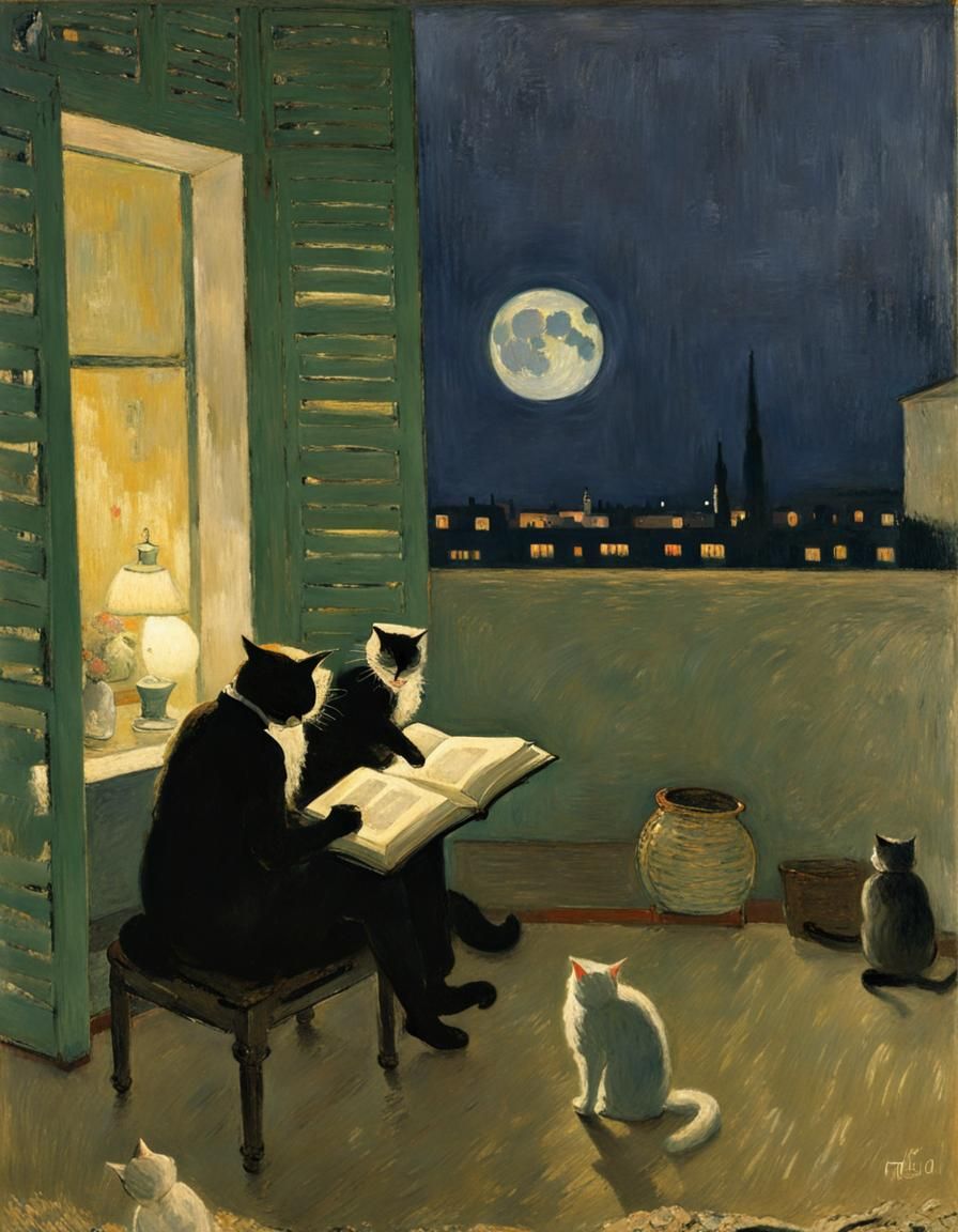 Cats Reading Under Moonlight: Atmospheric Masterpiece