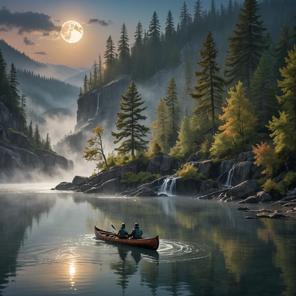 Moonlit Canoe Trip on Misty Lake