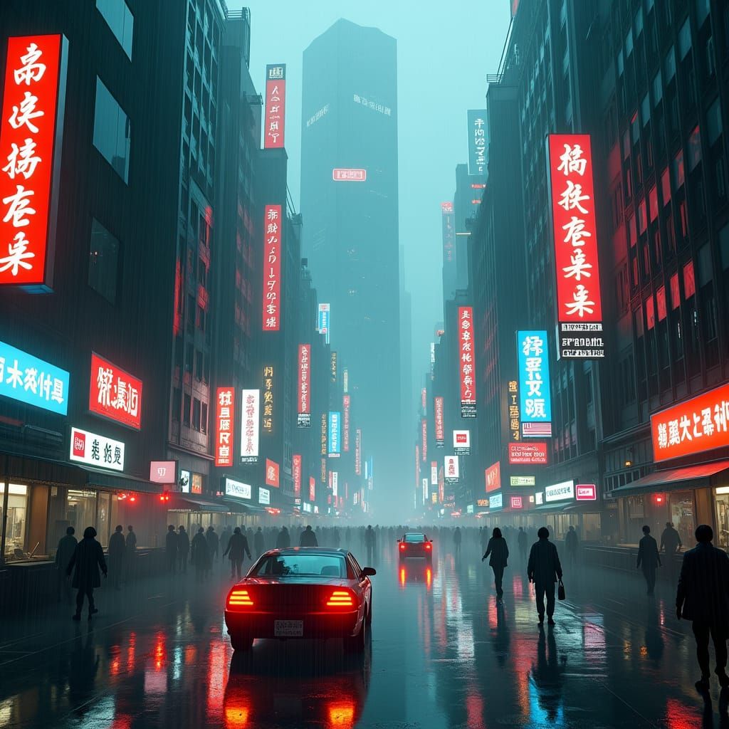 Dystopian Asian Cityscape in Cyberpunk Style
