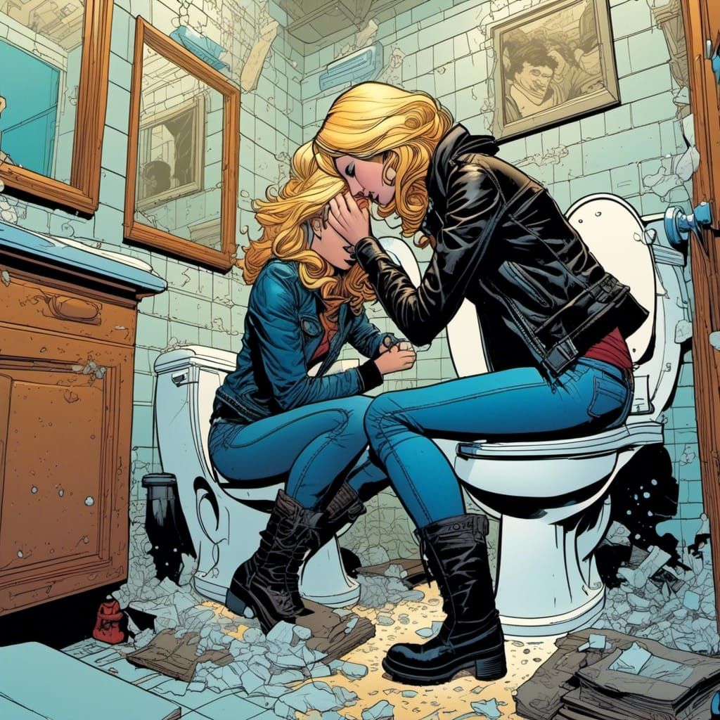 Comic Art: Girl in Leather Jacket Pushes Woman's Head into T...