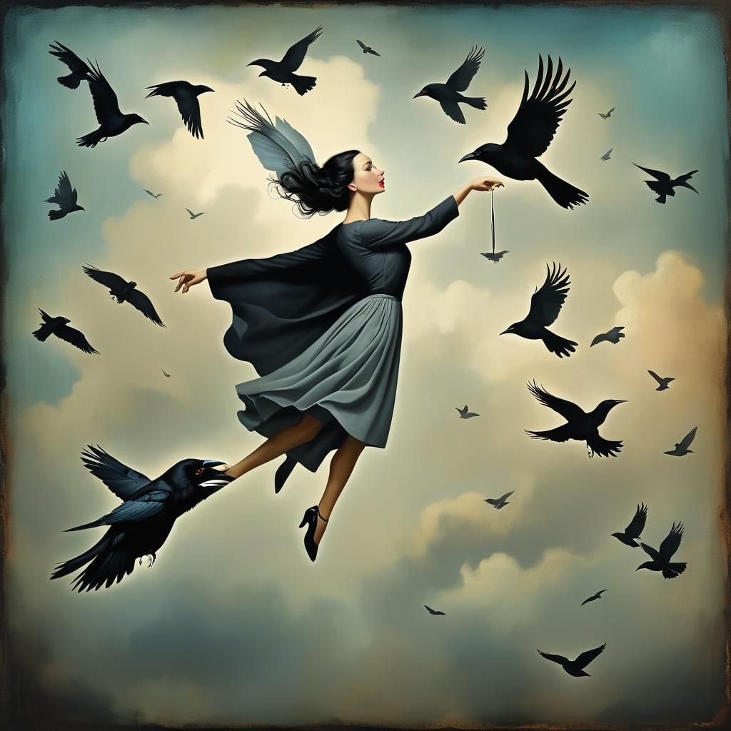 Woman Riding Crow: Surreal Oil Painting