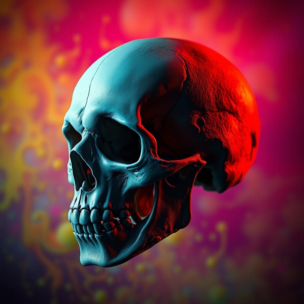 Dramatic Hyperrealistic Skull in a Vibrant, Moody Background