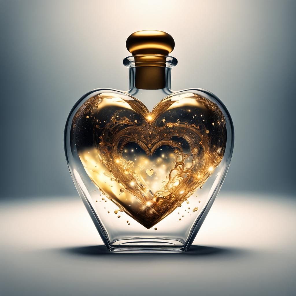 Golden Heart in a Bottle: Hyperrealistic Space Art
