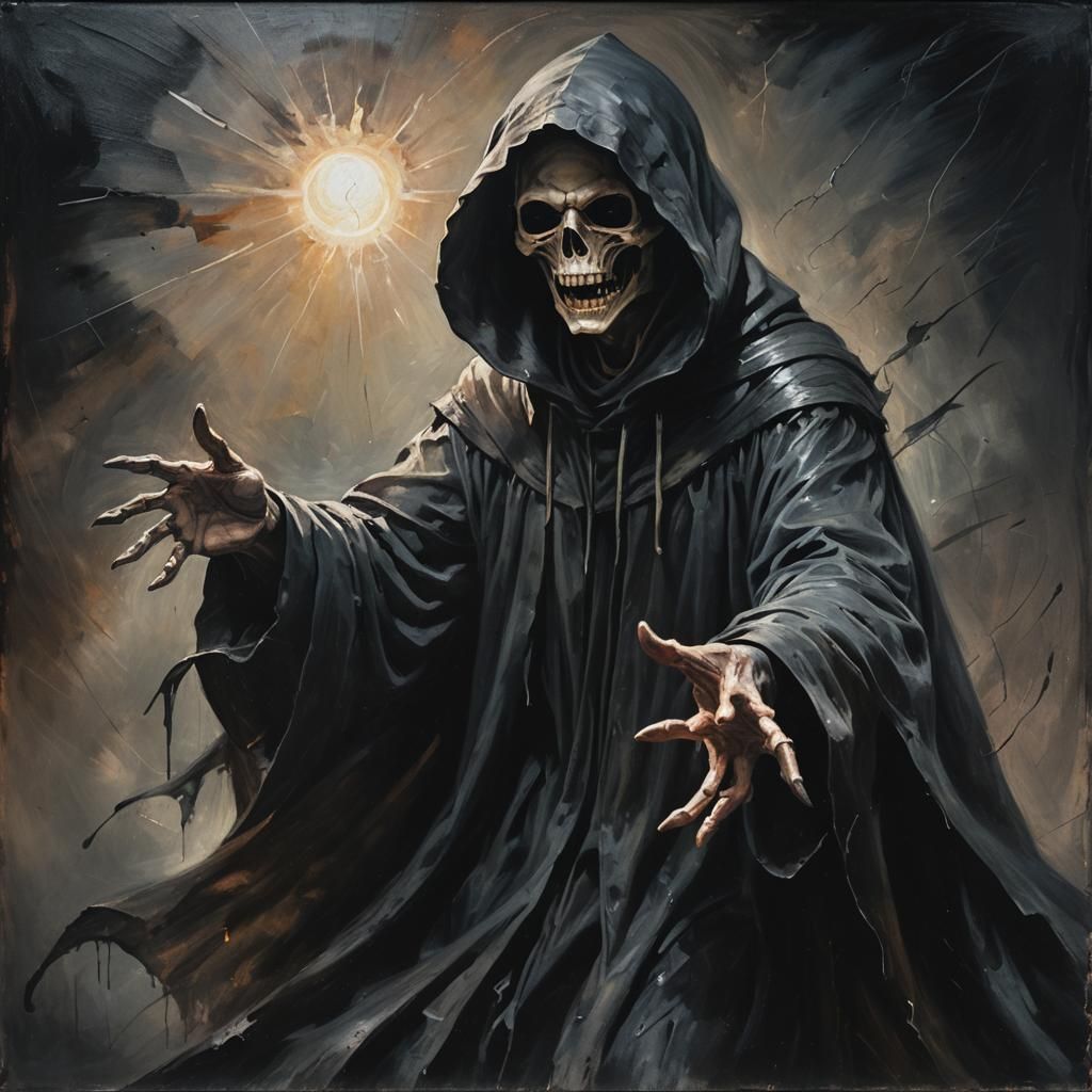 Grim Reaper Absorbing Energy, Dark Oil Painting