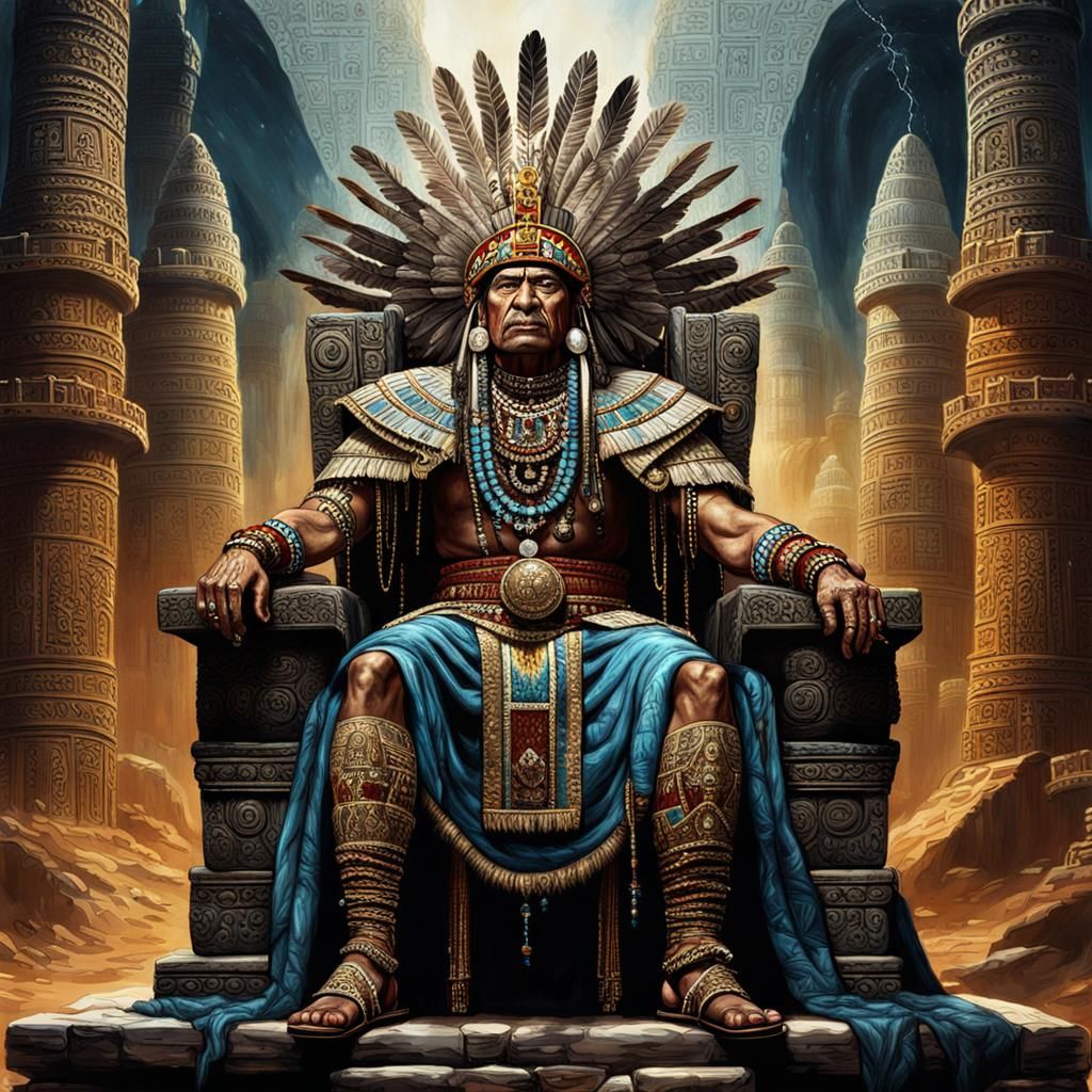 Magnificent Aztec King on Sedan Chair, Detailed Painting