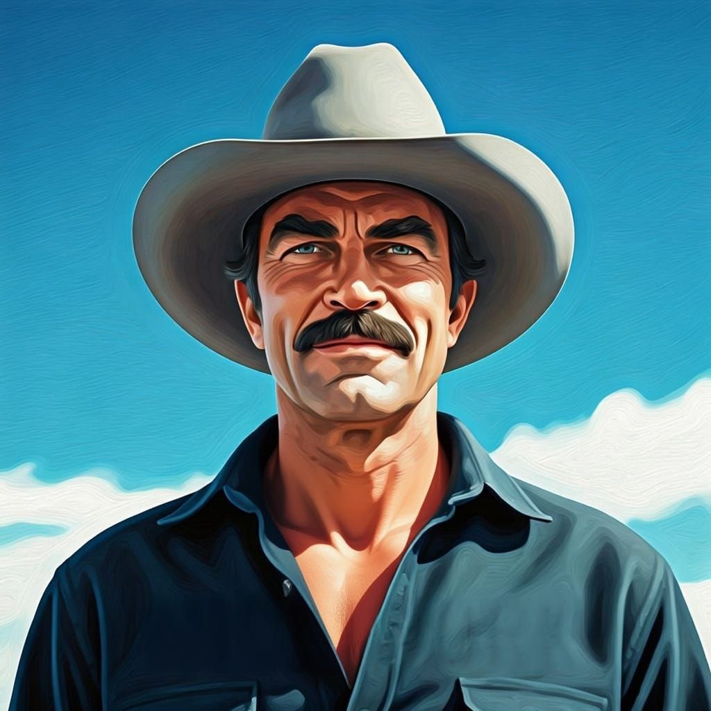 Tom Selleck as Cowboy in Realistic Oil Painting