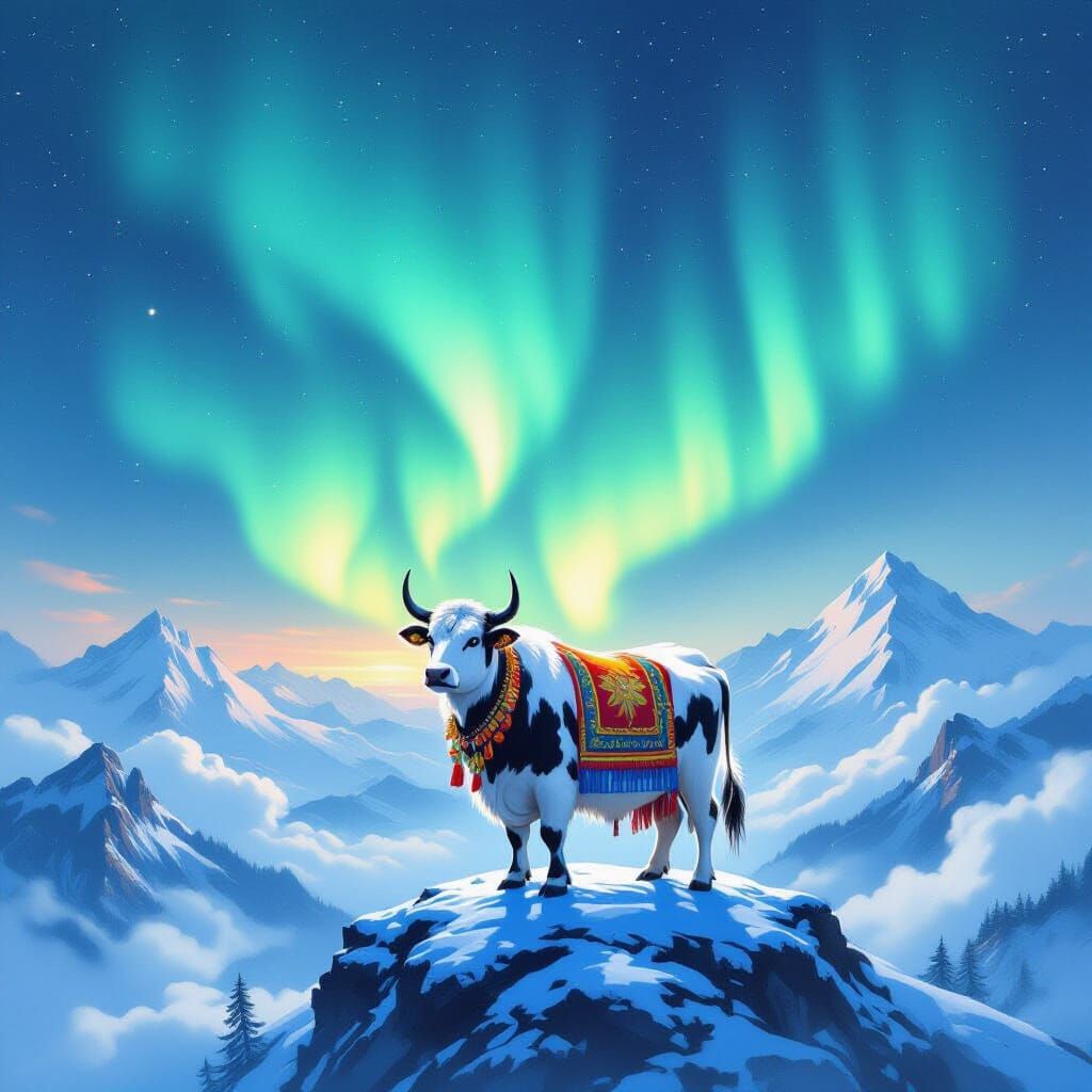 Snow Indian Holy Cow Under Northern Lights