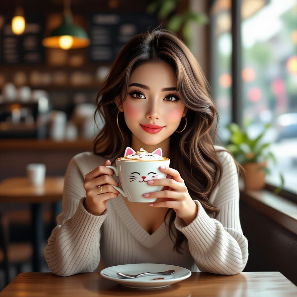 Pretty Woman with Cat Latte Art in Cozy Cafe