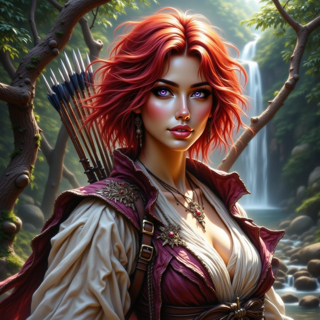 Fierce Redhead Huntress in Lush Forest, Fantasy Art