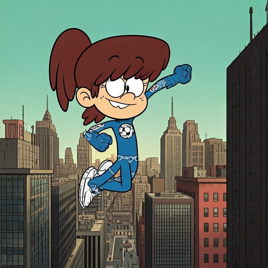 Lynn Loud, reimagined as a superhero soaring through a vibrant cityscape, leaps between skyscrapers with boundless energ...
