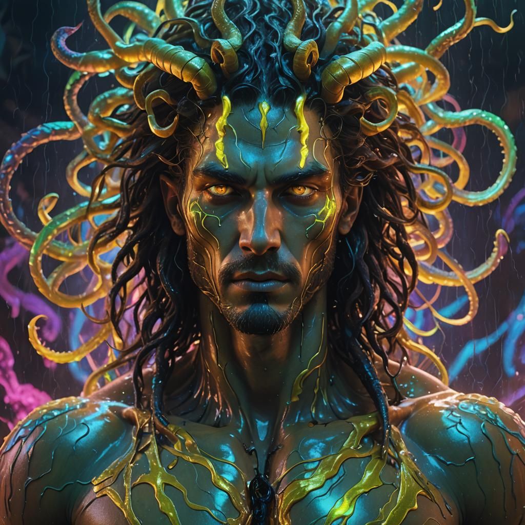 Bioluminescent Creature Seduces Medusa in Neon Style