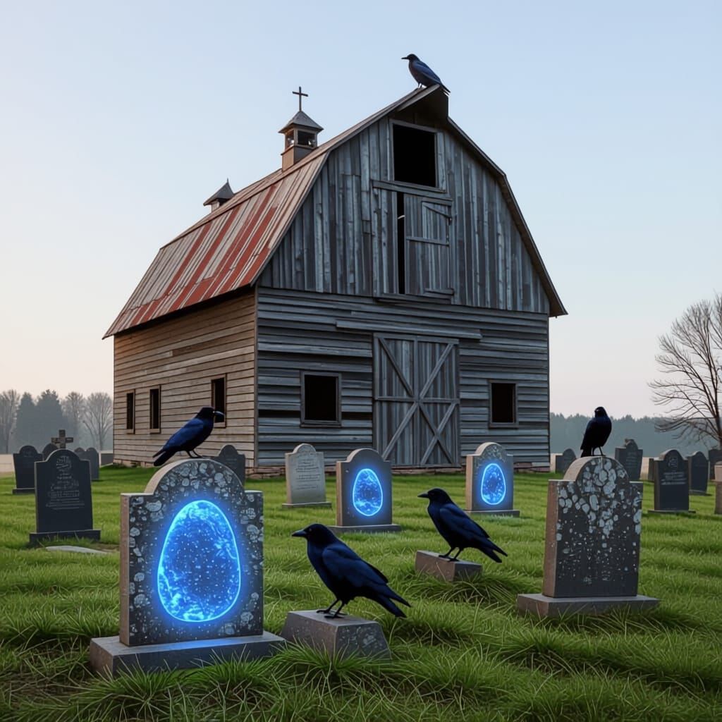 Spooky Midnight Barn in Glowing Graveyard