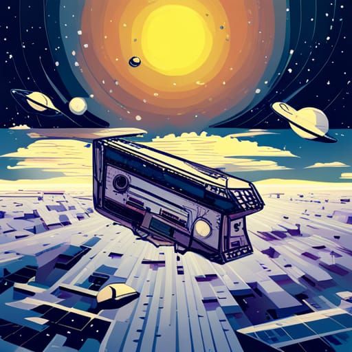 Cassette Futurism Starship Orbiting Ocean Planet