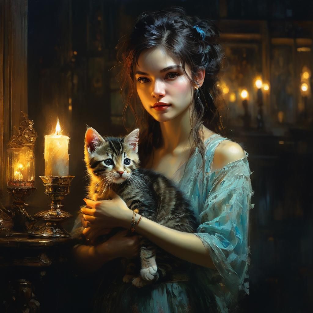 Beautiful Woman with Kitten: Pastel Portrait