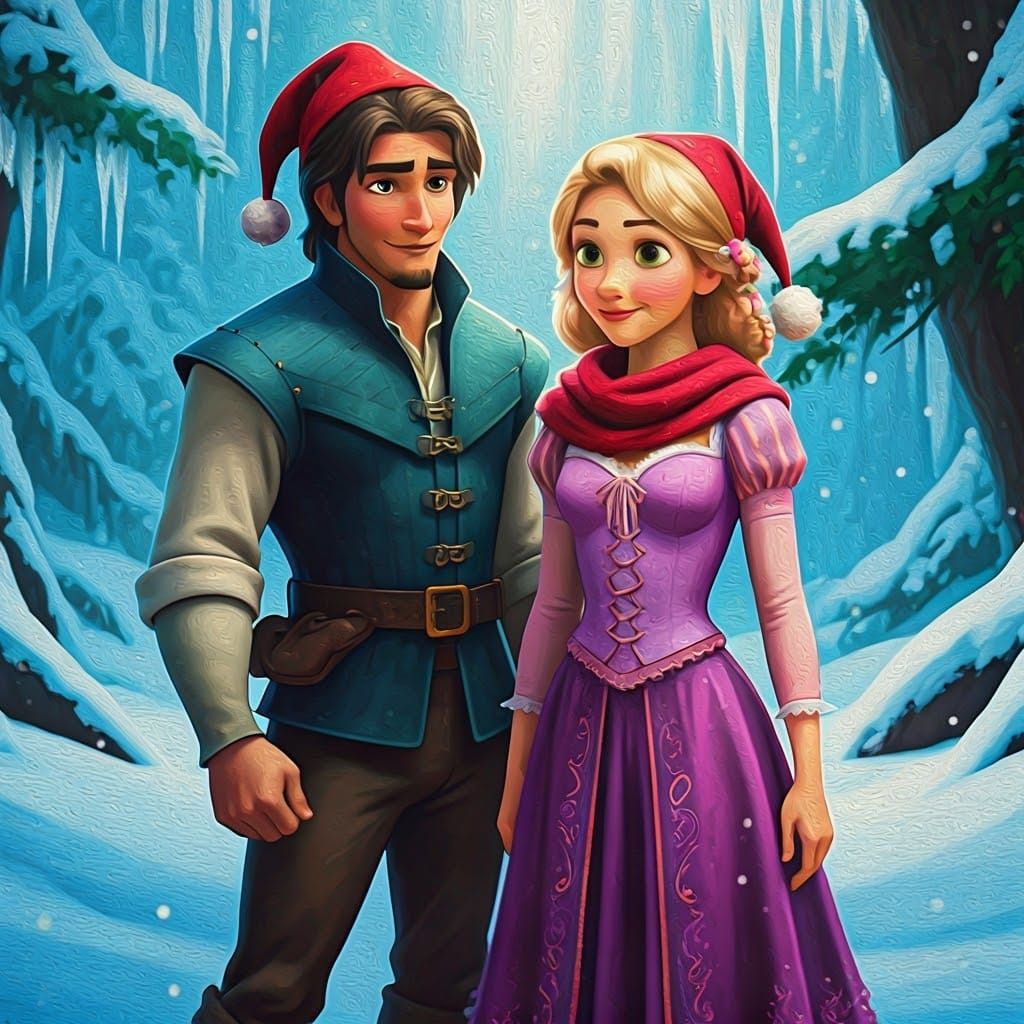 Rapunzel and Flynn Rider as Santa's Elves
