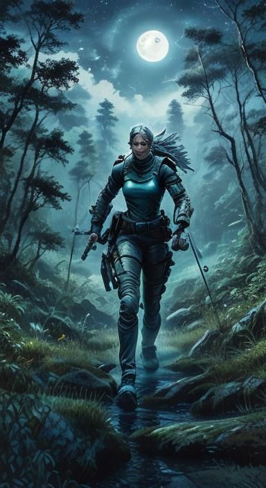 Female Knight Patrolling Moonlight Forest in 8K