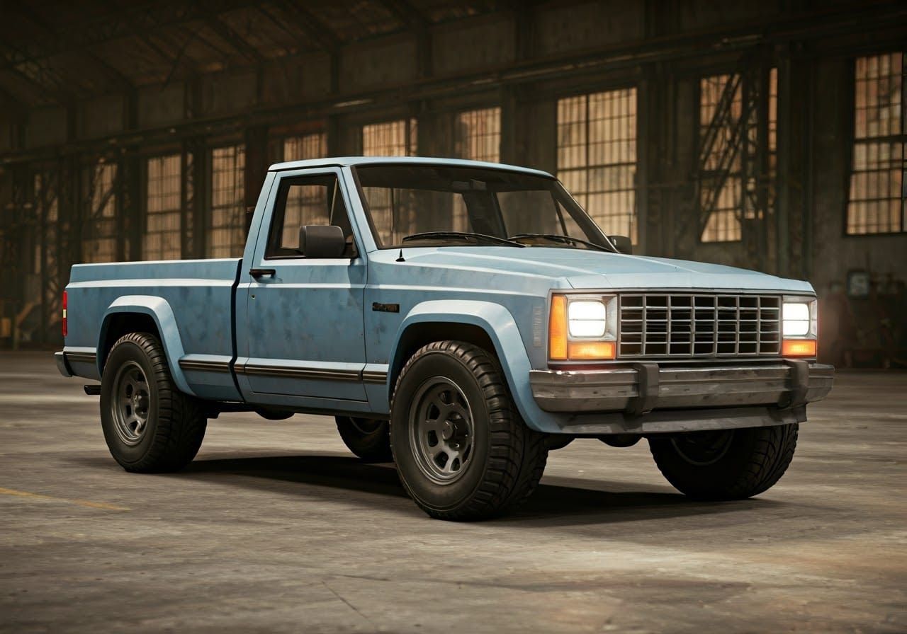 Fictional 1990s American Pickup Truck in a Worn Warehouse