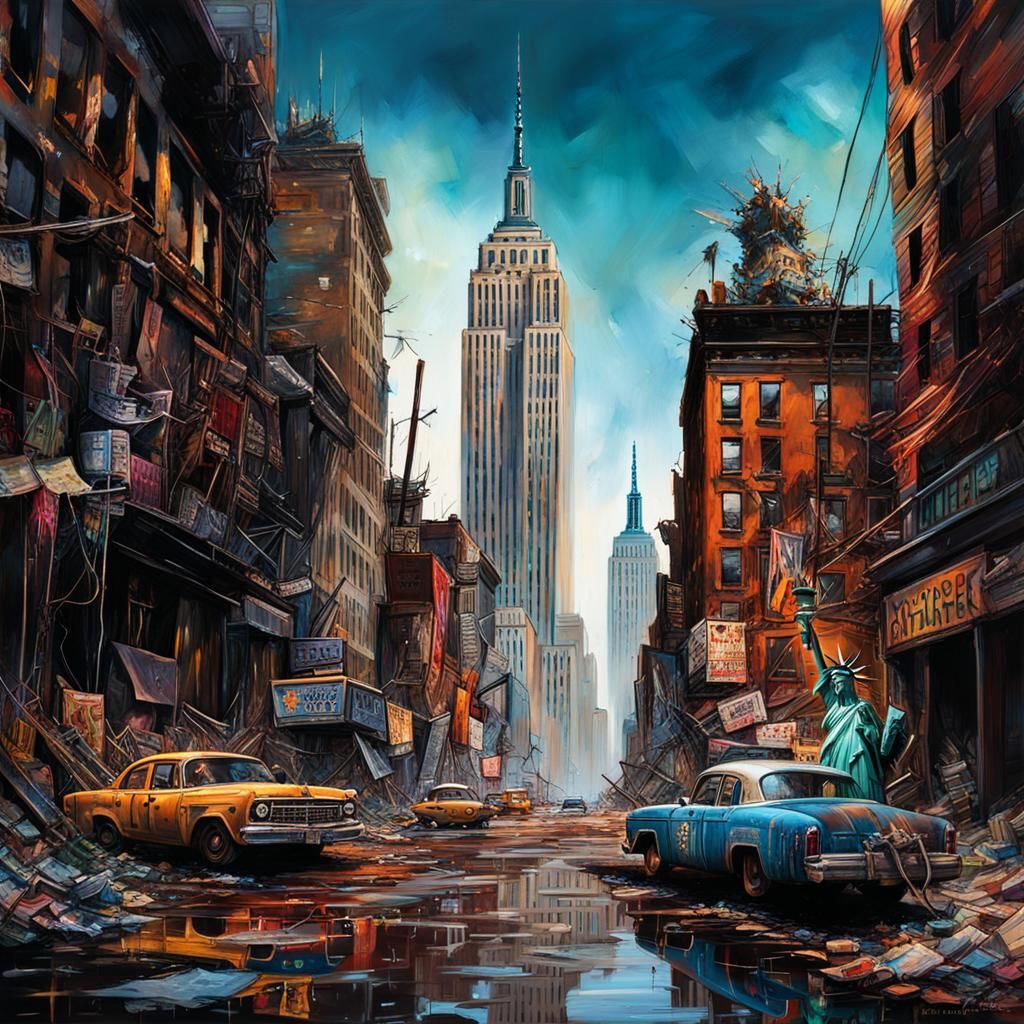 Post-Apocalyptic New York Cityscape in Dark Fantasy Style